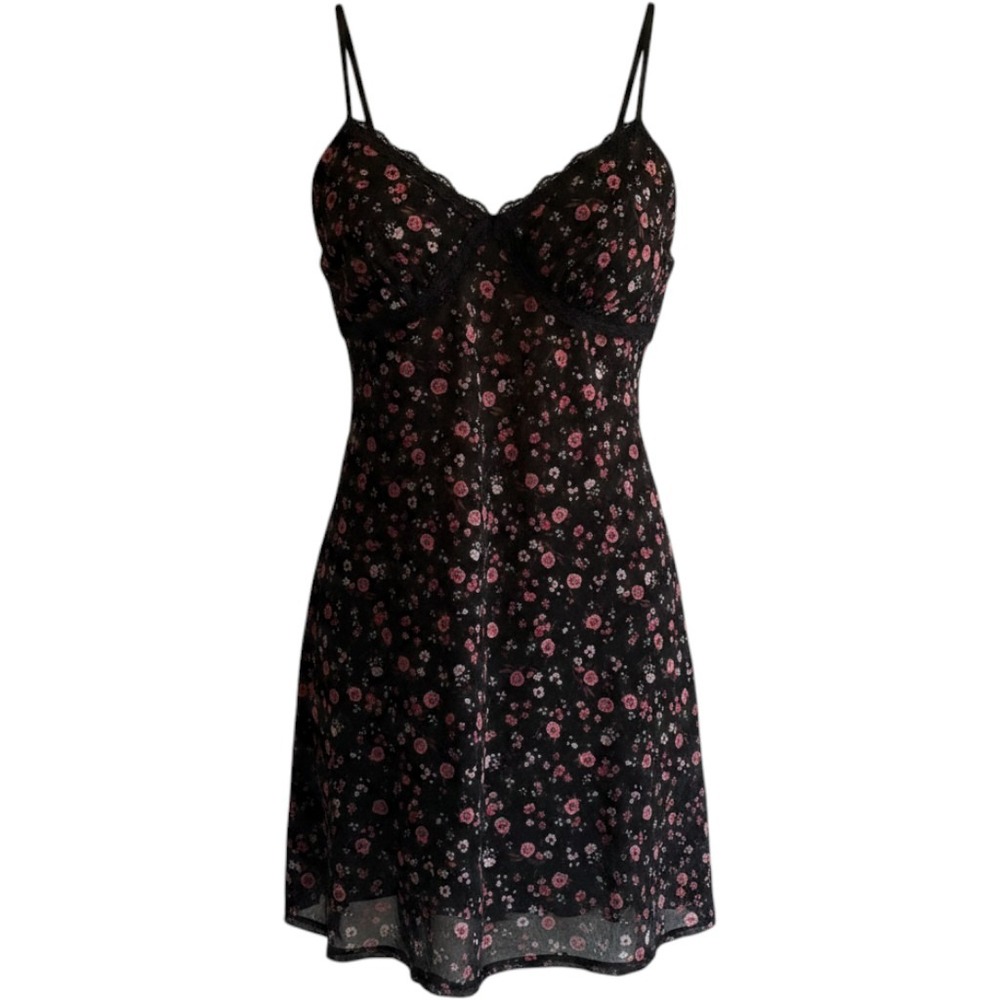 Mini Dress Floral Mesh Rose XXL 19 Lace Trim Babydoll Coquette Dark Romantic Y2K
